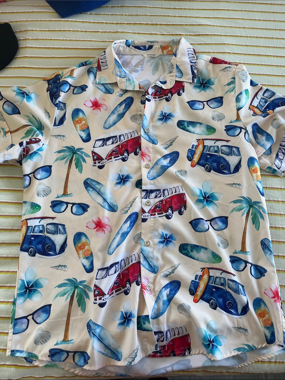 White Beach Print Button-Up Shirt with Blue & Red Vans
